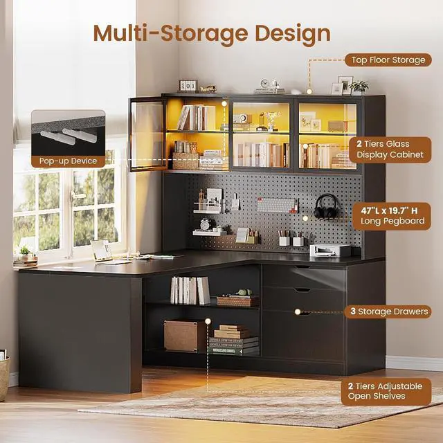 Alt view image 6 of 7 - L Shaped Computer Desk, L Shaped Corner Gaming Desk with 3 Wood Drawer and Large Bookshelf, Home Office Desk with LED Light, Display Cabinet and Pegboard, 27.5" W Large Desktop Table, Black