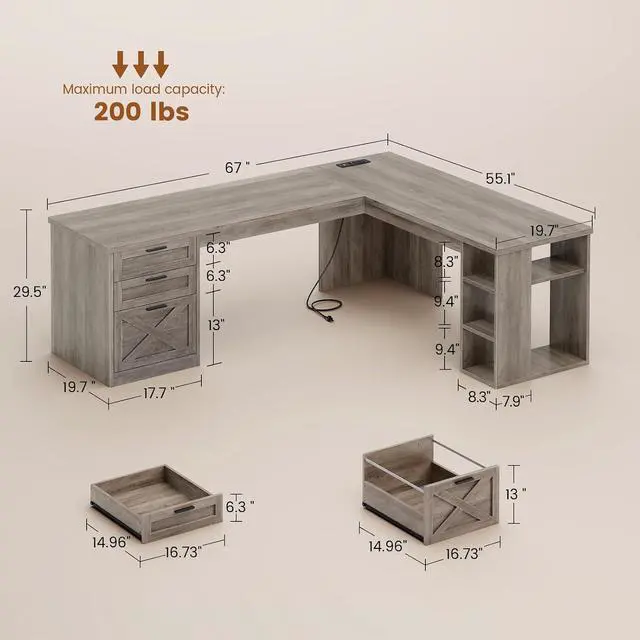 Alt view image 2 of 7 - 67" Farmhouse L Shaped Desk with Hutch