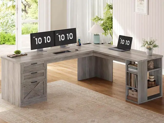 Main image of 67" Farmhouse L Shaped Desk with Hutch