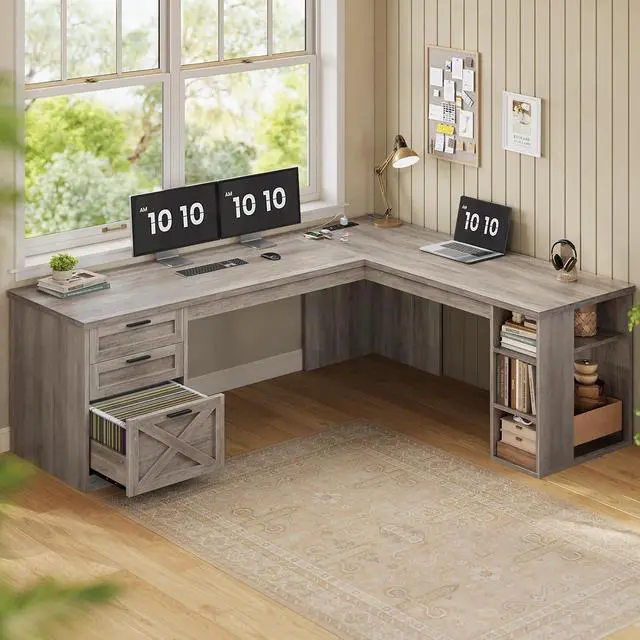 Alt view image 6 of 7 - 67" Farmhouse L Shaped Desk with Hutch