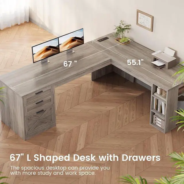 Alt view image 7 of 7 - 67" Farmhouse L Shaped Desk with Hutch