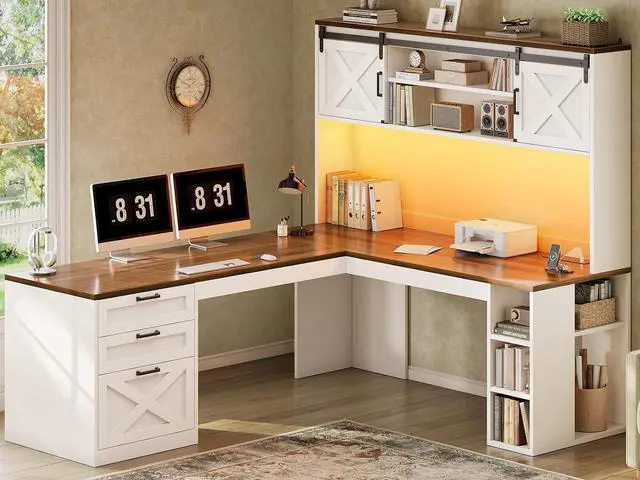 Main image of 67" Farmhouse L Shaped Desk with Hutch, Home Office Desks with Drawers & Sliding Doors, Corner Computer Desk with Storage Shelves & Power Outlets, Executive Desk with LED Lights, White+Brown