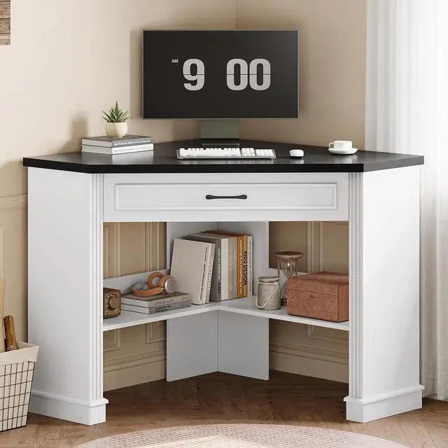 Main image of 31.5" White Corner Desk, Small Corner Desk for Small Space, Farmhouse Triangle Computer Desk with Drawer and Storage for Home Office, Living Room, Bedroom, Vanity Desk