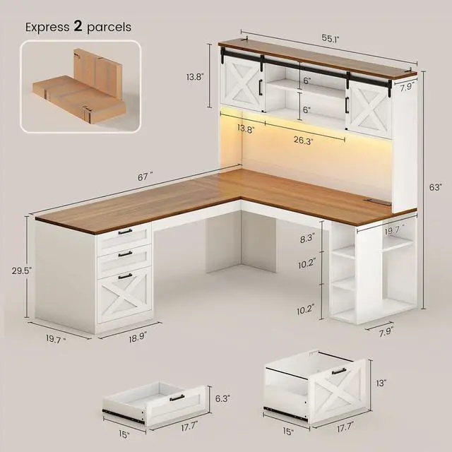 Alt view image 2 of 7 - 67" Farmhouse L Shaped Desk with Hutch, Home Office Desks with Drawers & Sliding Doors, Corner Computer Desk with Storage Shelves & Power Outlets, Executive Desk with LED Lights, White+Brown