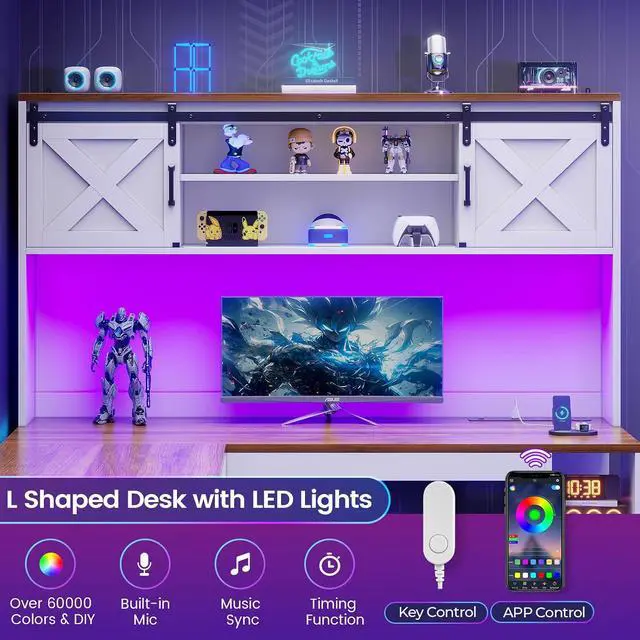 Alt view image 5 of 7 - 67" Farmhouse L Shaped Desk with Hutch, Home Office Desks with Drawers & Sliding Doors, Corner Computer Desk with Storage Shelves & Power Outlets, Executive Desk with LED Lights, White+Brown