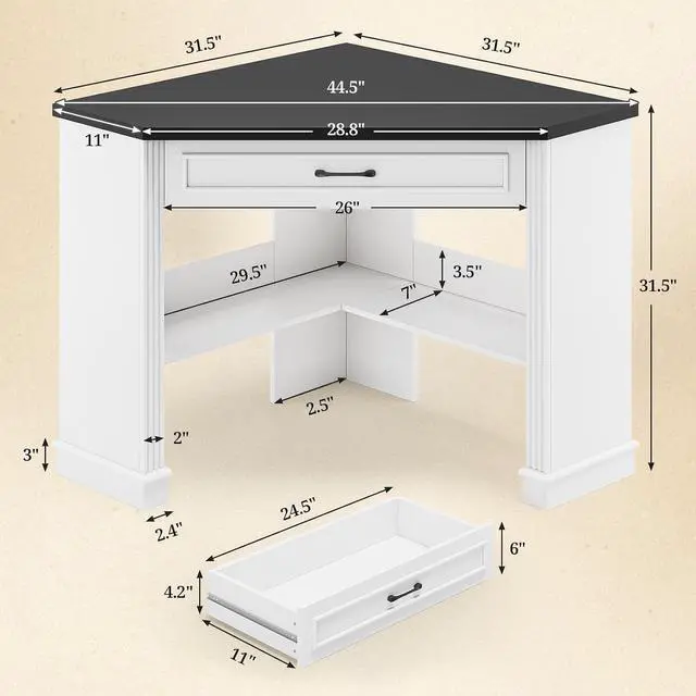 Alt view image 2 of 7 - 31.5" White Corner Desk, Small Corner Desk for Small Space, Farmhouse Triangle Computer Desk with Drawer and Storage for Home Office, Living Room, Bedroom, Vanity Desk