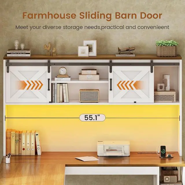 Alt view image 4 of 7 - 67" Farmhouse L Shaped Desk with Hutch, Home Office Desks with Drawers & Sliding Doors, Corner Computer Desk with Storage Shelves & Power Outlets, Executive Desk with LED Lights, White+Brown