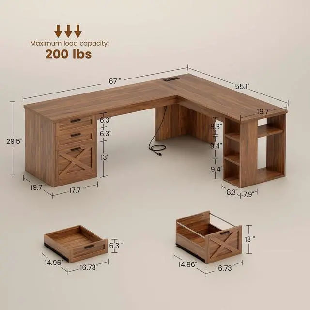 Alt view image 2 of 7 - 67" Farmhouse L Shaped Desk with 3 Drawers, Executive Home Office Desks with Storage Shelves, Corner Computer Desk with Power Outlets for Home Office, Brown