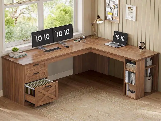 Alt view image 6 of 7 - 67" Farmhouse L Shaped Desk with 3 Drawers, Executive Home Office Desks with Storage Shelves, Corner Computer Desk with Power Outlets for Home Office, Brown