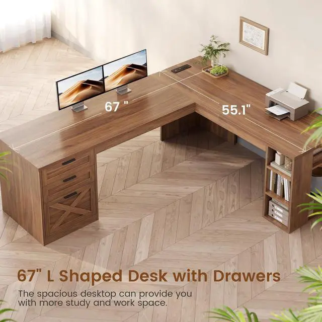 Alt view image 7 of 7 - 67" Farmhouse L Shaped Desk with 3 Drawers, Executive Home Office Desks with Storage Shelves, Corner Computer Desk with Power Outlets for Home Office, Brown