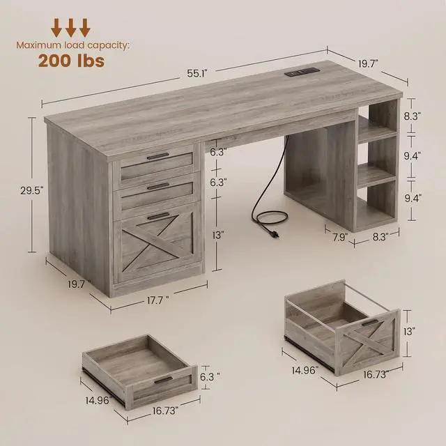 Alt view image 2 of 7 - 55.1" Executive Computer Desk with 3 Drawers, Farmhouse Office Desk with File Drawer & Storage Shelves, Executive Desk with Power Outlet for Home Office, Grey