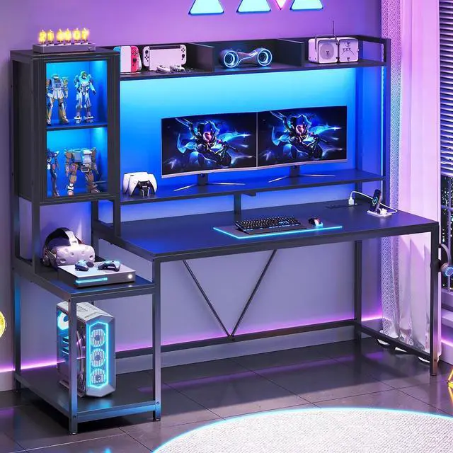 Main image of Gaming Desk, 60'' Gaming Desk with Hutch and LED Lights, Computer Desk with Storage Shelves, Large PC Gamer Desk with Display Cabinet, Monitor Stand, Power Outlet for Home Office, Black