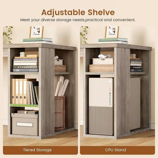 Alt view image 4 of 7 - 55.1" Executive Computer Desk with 3 Drawers, Farmhouse Office Desk with File Drawer & Storage Shelves, Executive Desk with Power Outlet for Home Office, Grey