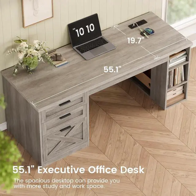 Alt view image 6 of 7 - 55.1" Executive Computer Desk with 3 Drawers, Farmhouse Office Desk with File Drawer & Storage Shelves, Executive Desk with Power Outlet for Home Office, Grey