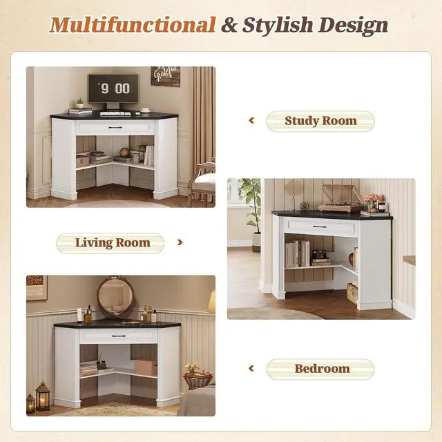 Alt view image 5 of 7 - 31.5" White Corner Desk, Small Corner Desk for Small Space, Farmhouse Triangle Computer Desk with Drawer and Storage for Home Office, Living Room, Bedroom, Vanity Desk