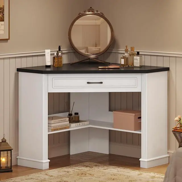 Alt view image 6 of 7 - 31.5" White Corner Desk, Small Corner Desk for Small Space, Farmhouse Triangle Computer Desk with Drawer and Storage for Home Office, Living Room, Bedroom, Vanity Desk