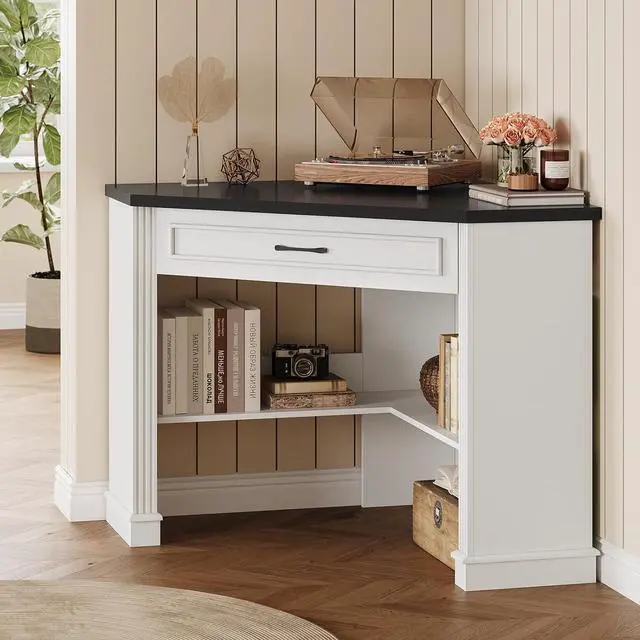 Alt view image 7 of 7 - 31.5" White Corner Desk, Small Corner Desk for Small Space, Farmhouse Triangle Computer Desk with Drawer and Storage for Home Office, Living Room, Bedroom, Vanity Desk