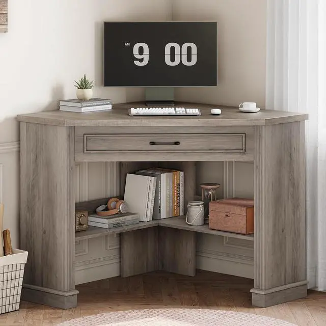 Main image of 31.5" Small Corner Desk, Corner Desk for Small Space, Farmhouse Computer Desk with Drawers, Triangle Computer Desk with Storage Shelves for Home Office, Living Room, Bedroom, Gray