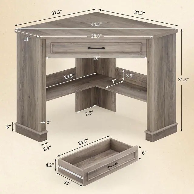 Alt view image 2 of 7 - 31.5" Small Corner Desk, Corner Desk for Small Space, Farmhouse Computer Desk with Drawers, Triangle Computer Desk with Storage Shelves for Home Office, Living Room, Bedroom, Gray