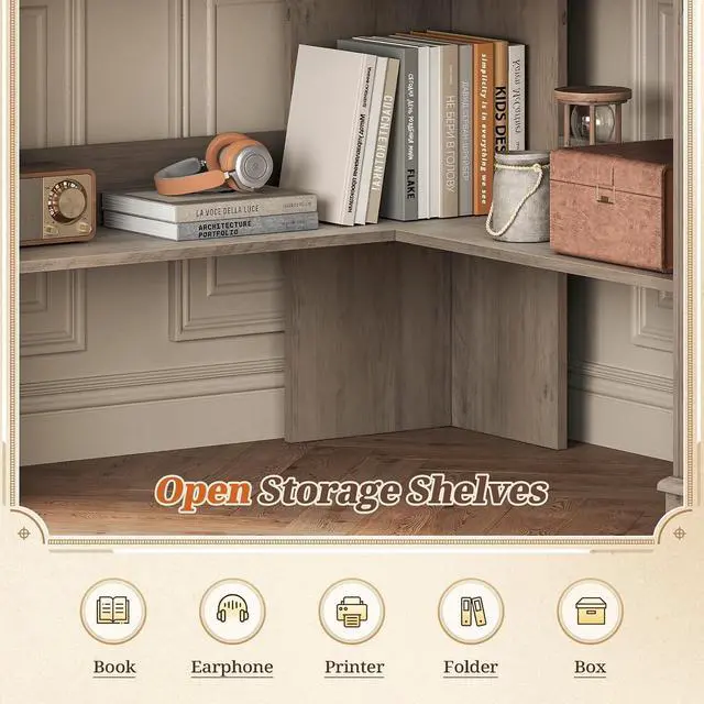 Alt view image 4 of 7 - 31.5" Small Corner Desk, Corner Desk for Small Space, Farmhouse Computer Desk with Drawers, Triangle Computer Desk with Storage Shelves for Home Office, Living Room, Bedroom, Gray
