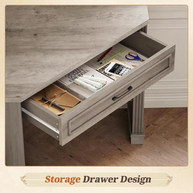 Alt view image 3 of 7 - 31.5" Small Corner Desk, Corner Desk for Small Space, Farmhouse Computer Desk with Drawers, Triangle Computer Desk with Storage Shelves for Home Office, Living Room, Bedroom, Gray