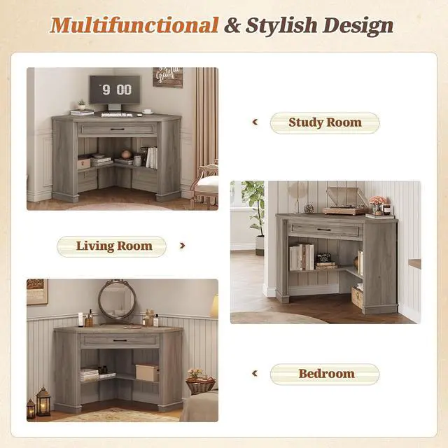 Alt view image 5 of 7 - 31.5" Small Corner Desk, Corner Desk for Small Space, Farmhouse Computer Desk with Drawers, Triangle Computer Desk with Storage Shelves for Home Office, Living Room, Bedroom, Gray