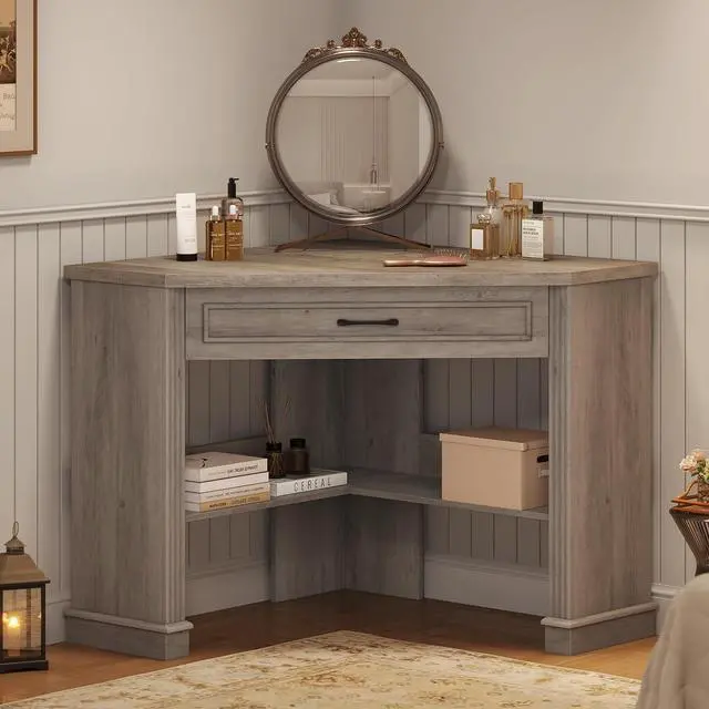 Alt view image 6 of 7 - 31.5" Small Corner Desk, Corner Desk for Small Space, Farmhouse Computer Desk with Drawers, Triangle Computer Desk with Storage Shelves for Home Office, Living Room, Bedroom, Gray