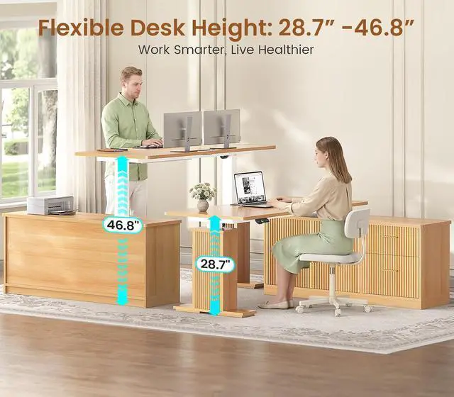 Alt view image 3 of 7 - L Shaped Electric Standing Desk, 55 inch Height Adjustable Office Executive Desk with Storage Drawers, Fluted Sit Stand Corner Computer Desk with Power Outlets for Home Office, Oak
