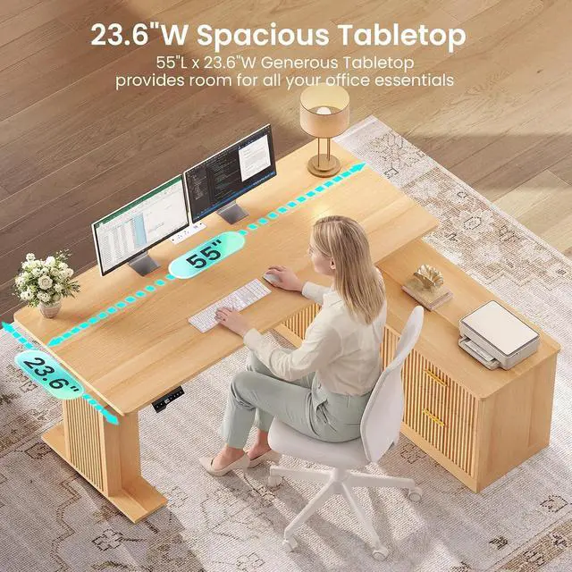 Alt view image 4 of 7 - L Shaped Electric Standing Desk, 55 inch Height Adjustable Office Executive Desk with Storage Drawers, Fluted Sit Stand Corner Computer Desk with Power Outlets for Home Office, Oak