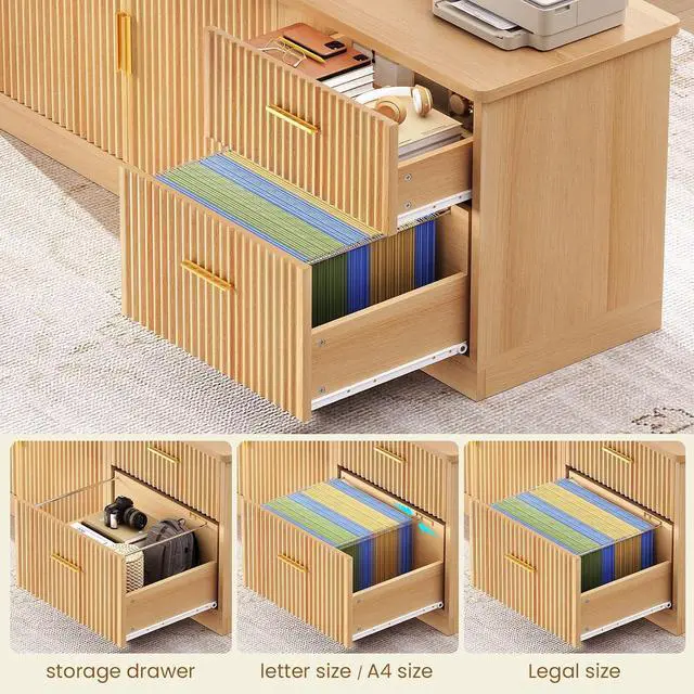 Alt view image 5 of 7 - L Shaped Electric Standing Desk, 55 inch Height Adjustable Office Executive Desk with Storage Drawers, Fluted Sit Stand Corner Computer Desk with Power Outlets for Home Office, Oak