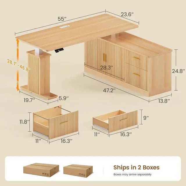 Alt view image 2 of 7 - L Shaped Electric Standing Desk, 55 inch Height Adjustable Office Executive Desk with Storage Drawers, Fluted Sit Stand Corner Computer Desk with Power Outlets for Home Office, Oak