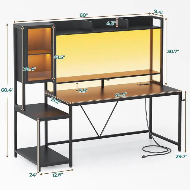 Alt view image 2 of 7 - Gaming Desk, 60'' Gaming Desk with Hutch and LED Lights, Computer Desk with Storage Shelves, Large PC Gamer Desk with Display Cabinet, Monitor Stand, Power Outlet for Home Office, Black