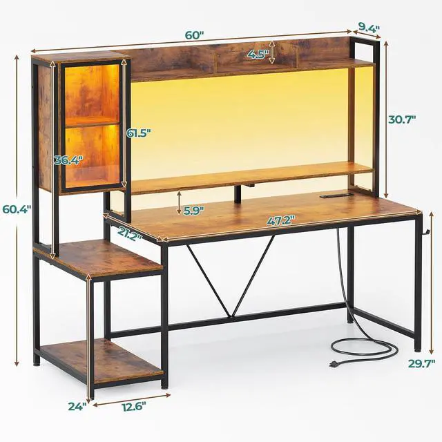 Alt view image 2 of 7 - Gaming Desk, 60'' Gaming Desk with Hutch and LED Lights, Computer Desk with Storage Shelves, Large PC Gamer Desk with Display Cabinet, Monitor Stand, Power Outlet for Home Office, Rustic Brown