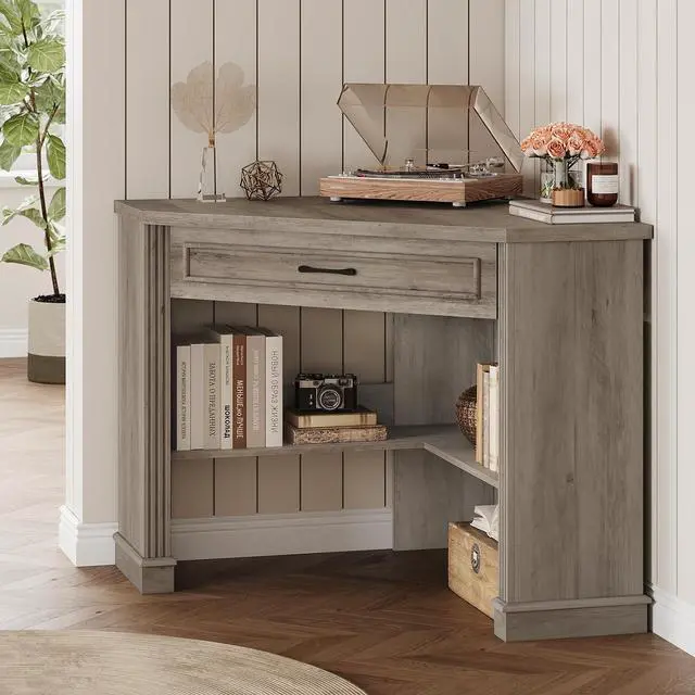 Alt view image 7 of 7 - 31.5" Small Corner Desk, Corner Desk for Small Space, Farmhouse Computer Desk with Drawers, Triangle Computer Desk with Storage Shelves for Home Office, Living Room, Bedroom, Gray
