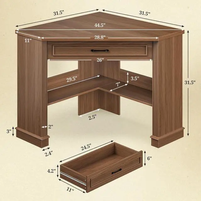Alt view image 2 of 7 - Corner Desk for Small Space, Corner Computer Desk, Small Computer Desk with Drawers and Storage Shelves for Home Office, Living Room, Bedroom, Brown