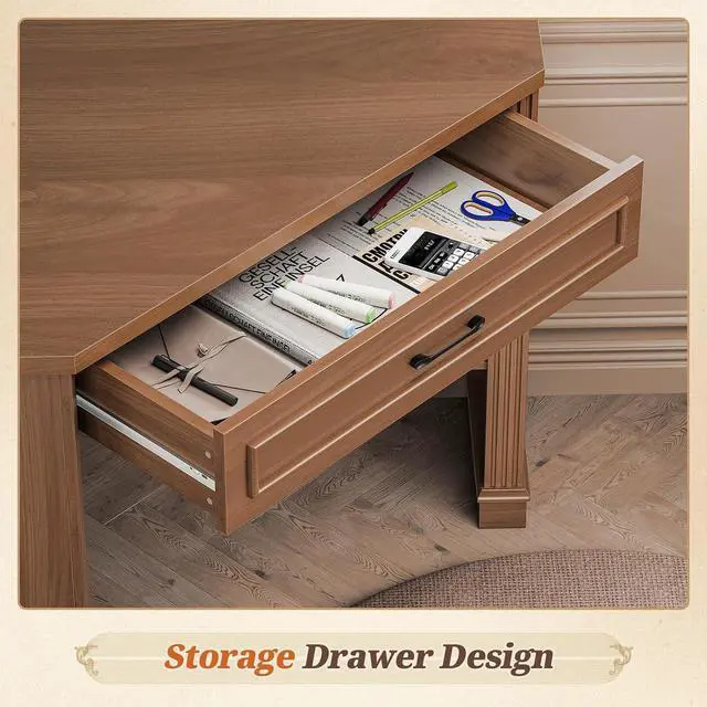 Alt view image 3 of 7 - Corner Desk for Small Space, Corner Computer Desk, Small Computer Desk with Drawers and Storage Shelves for Home Office, Living Room, Bedroom, Brown