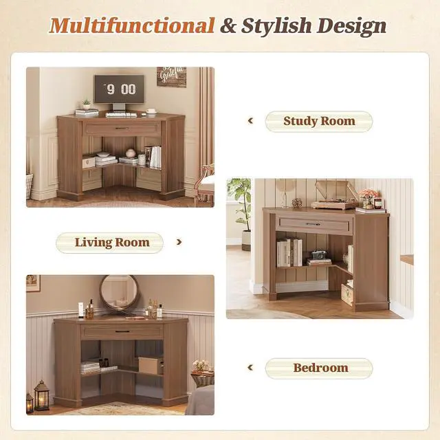 Alt view image 5 of 7 - Corner Desk for Small Space, Corner Computer Desk, Small Computer Desk with Drawers and Storage Shelves for Home Office, Living Room, Bedroom, Brown