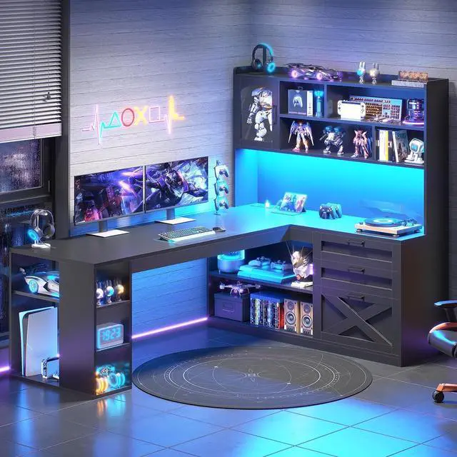Main image of Farmhouse L Shaped Gaming Desk, 61 Corner Computer Desk with Storage Drawers and Power Outlet, Corner Gaming Desk with LED Light and Bookshelf Shelves for Home Office, Black