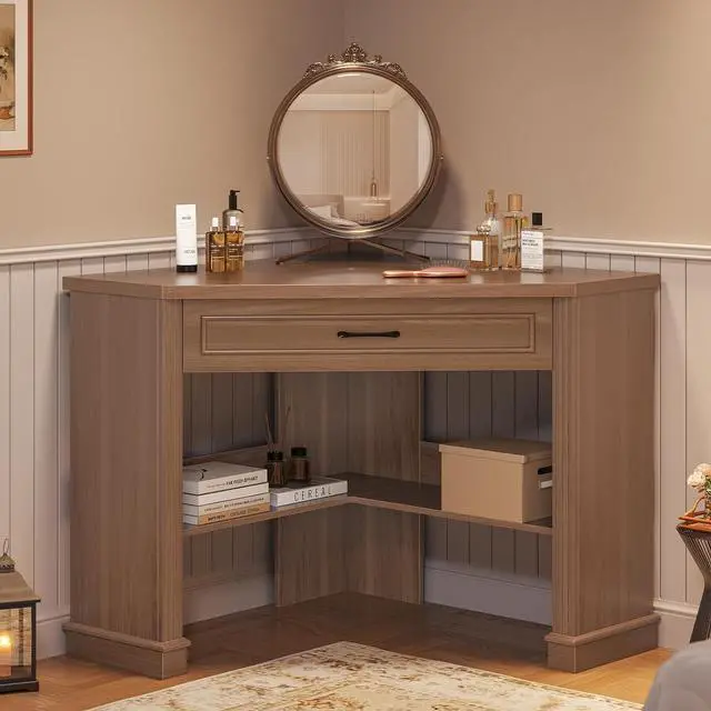 Alt view image 6 of 7 - Corner Desk for Small Space, Corner Computer Desk, Small Computer Desk with Drawers and Storage Shelves for Home Office, Living Room, Bedroom, Brown