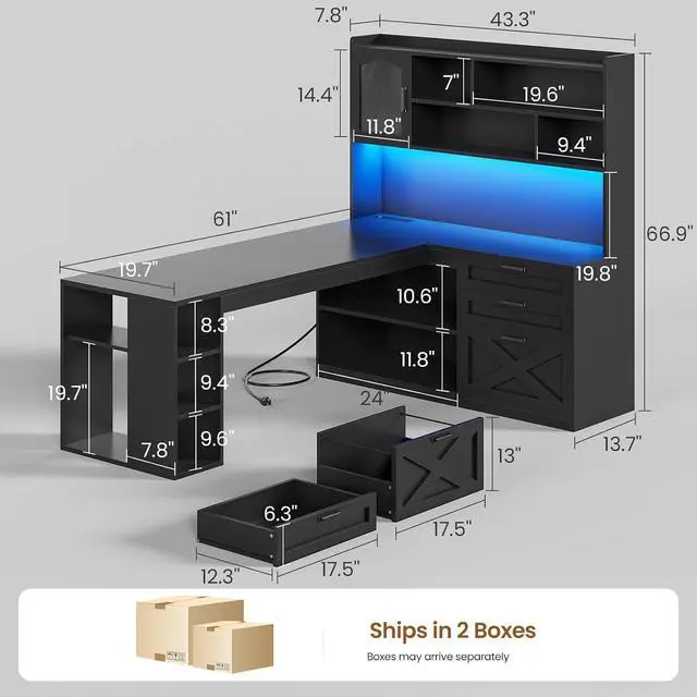 Alt view image 2 of 7 - Farmhouse L Shaped Gaming Desk, 61 Corner Computer Desk with Storage Drawers and Power Outlet, Corner Gaming Desk with LED Light and Bookshelf Shelves for Home Office, Black