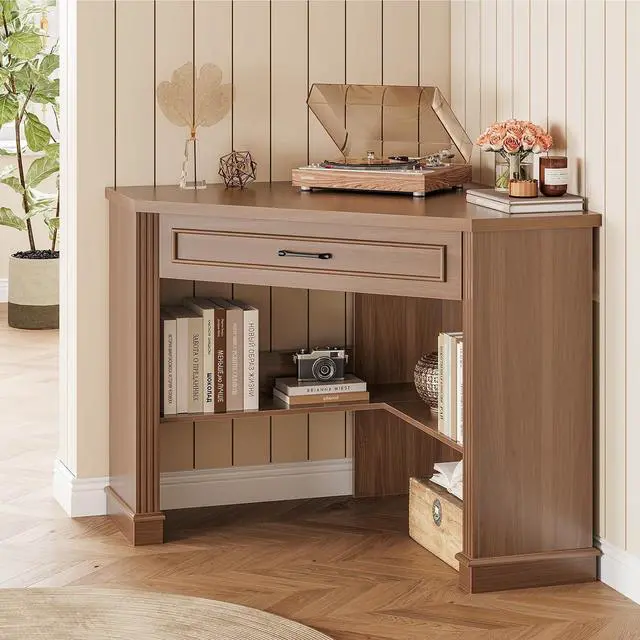 Alt view image 7 of 7 - Corner Desk for Small Space, Corner Computer Desk, Small Computer Desk with Drawers and Storage Shelves for Home Office, Living Room, Bedroom, Brown