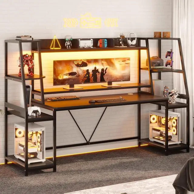 Alt view image 3 of 7 - Gaming Desk 78.8'' with LED Lights, Hutch and Storage Shelves, Computer Desk with Monitor Stand, Large PC Gamer Desk Workstation, Ergonomic Gaming Table for Bedroom, Living Room, Black