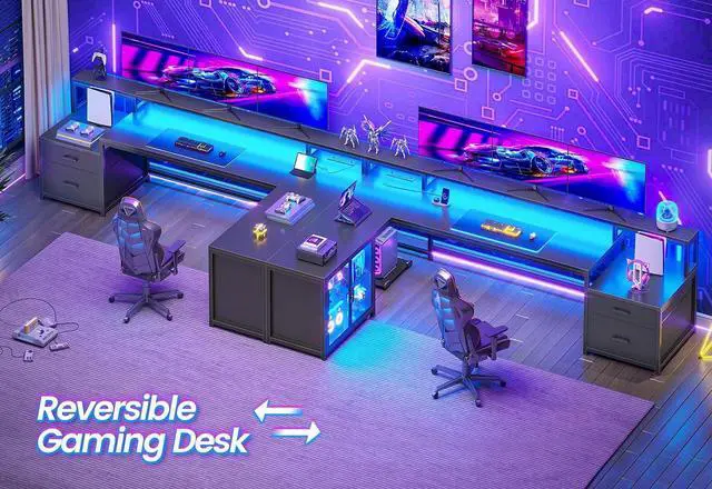 Alt view image 3 of 7 - L Shaped Gaming Desk, 78.7 Large Computer Desk with Drawers and Power Outlet & LED Light, Corner Gaming Desk with Storage Shelves, Display Cabinet for Home Office, Black