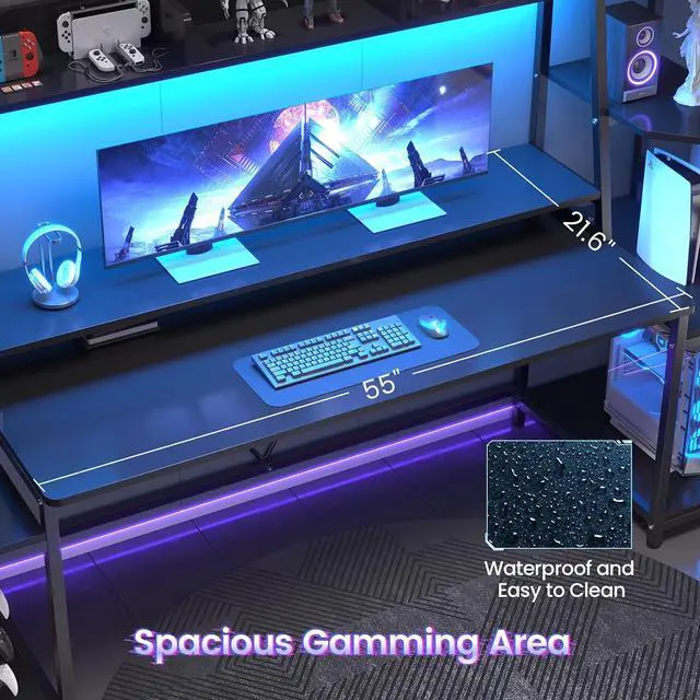 Alt view image 4 of 7 - Gaming Desk 78.8'' with LED Lights, Hutch and Storage Shelves, Computer Desk with Monitor Stand, Large PC Gamer Desk Workstation, Ergonomic Gaming Table for Bedroom, Living Room, Black