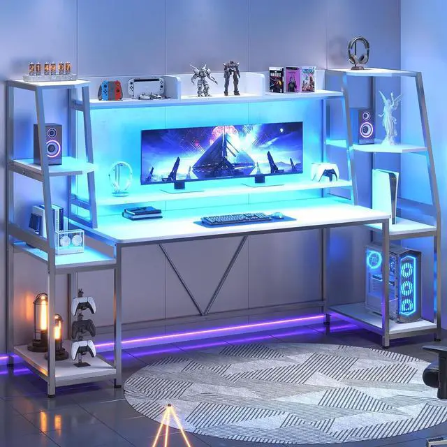 Main image of White Gaming Desk 78.8'' with LED Lights, Hutch and Storage Shelves, Computer Desk with Monitor Stand, Large PC Gamer Desk Workstation, Ergonomic Gaming Table for Bedroom, Living Room