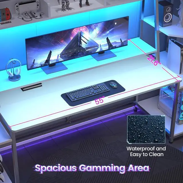 Alt view image 4 of 7 - White Gaming Desk 78.8'' with LED Lights, Hutch and Storage Shelves, Computer Desk with Monitor Stand, Large PC Gamer Desk Workstation, Ergonomic Gaming Table for Bedroom, Living Room