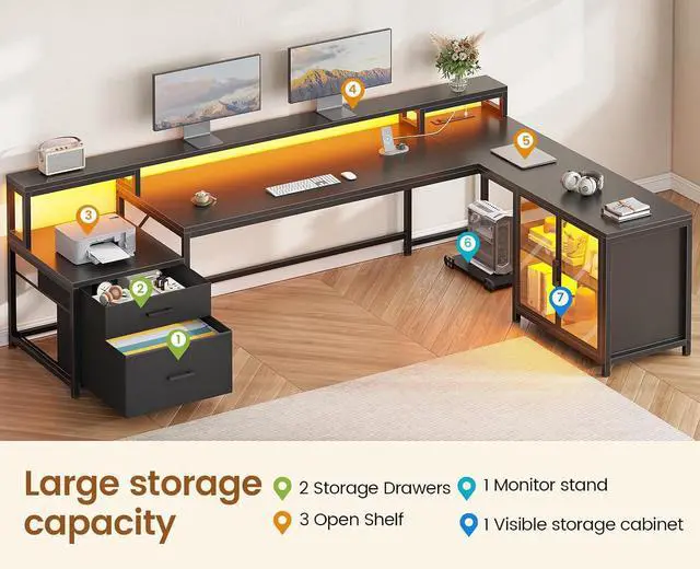 Alt view image 7 of 7 - L Shaped Gaming Desk, 78.7 Large Computer Desk with Drawers and Power Outlet & LED Light, Corner Gaming Desk with Storage Shelves, Display Cabinet for Home Office, Black