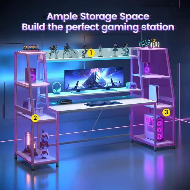 Alt view image 5 of 7 - White Gaming Desk 78.8'' with LED Lights, Hutch and Storage Shelves, Computer Desk with Monitor Stand, Large PC Gamer Desk Workstation, Ergonomic Gaming Table for Bedroom, Living Room