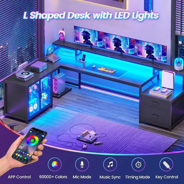 Alt view image 4 of 7 - L Shaped Gaming Desk, 78.7 Large Computer Desk with Drawers and Power Outlet & LED Light, Corner Gaming Desk with Storage Shelves, Display Cabinet for Home Office, Black