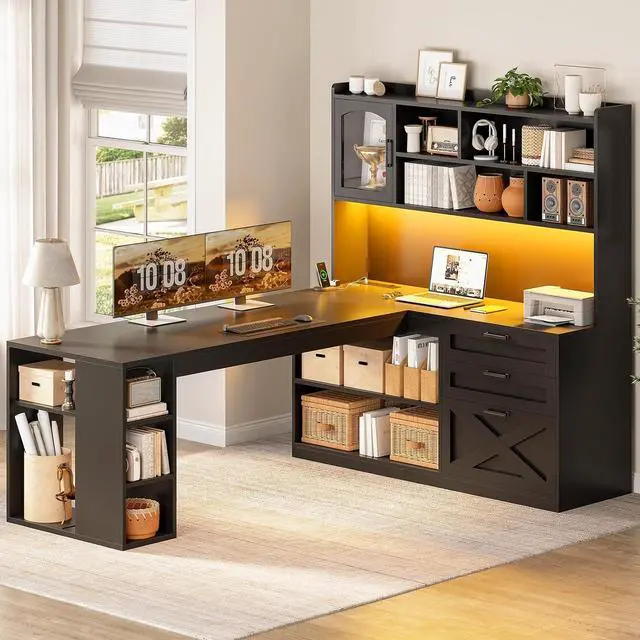 Alt view image 3 of 7 - Farmhouse L Shaped Gaming Desk, 61 Corner Computer Desk with Storage Drawers and Power Outlet, Corner Gaming Desk with LED Light and Bookshelf Shelves for Home Office, Black